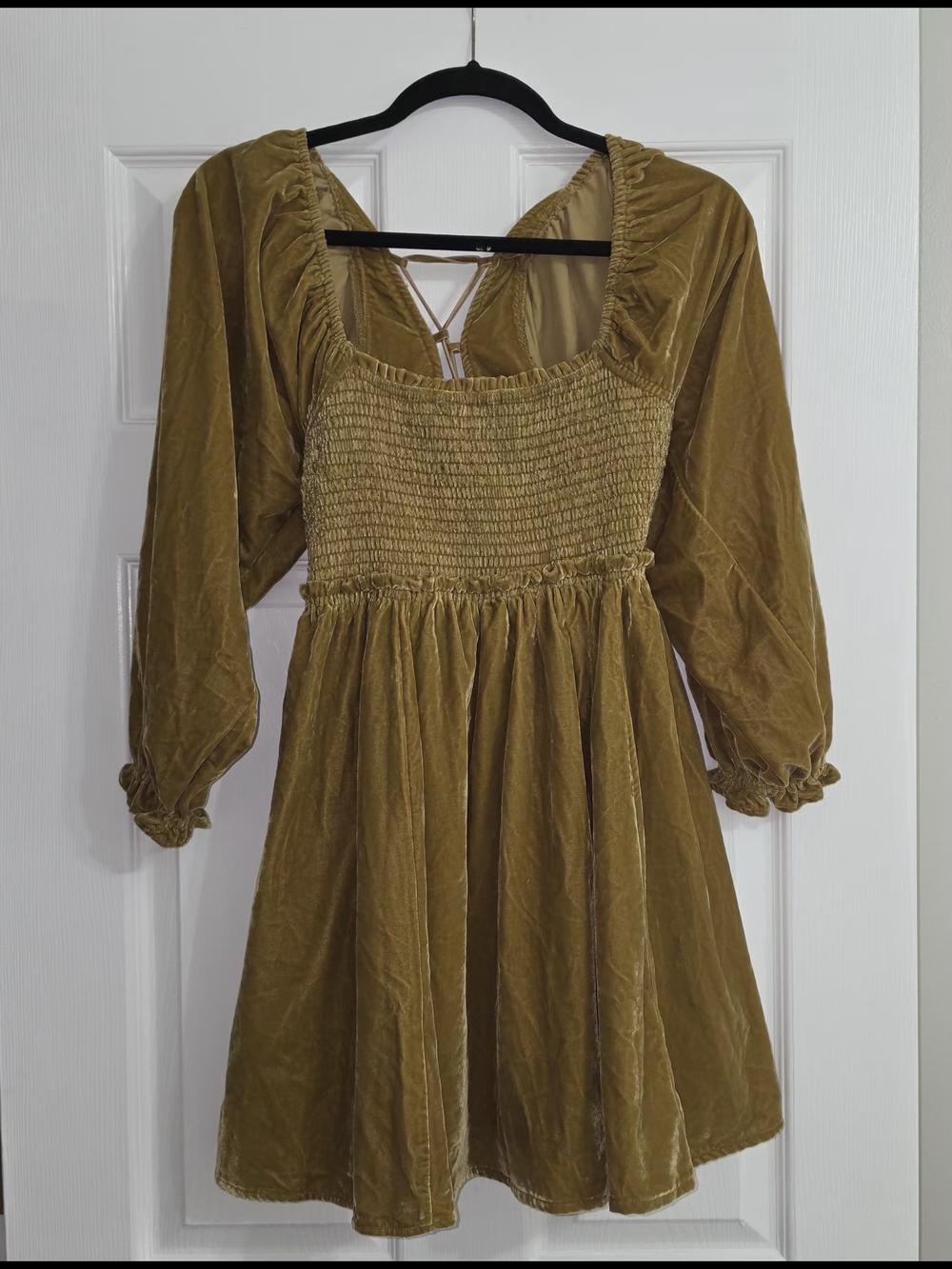 Free People Olive Green Velvet Smocked Mini Dress